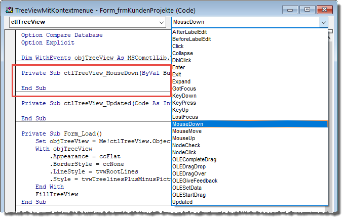 Anlegen der Ereignisprozedur für das Ereignis Bei Maustaste ab