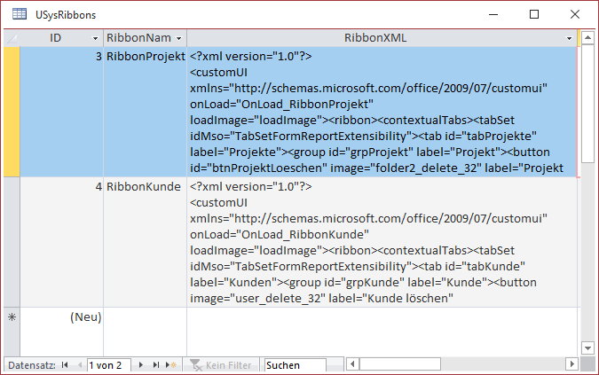 Die Tabelle USysRibbons mit den Ribbon-Definitionen