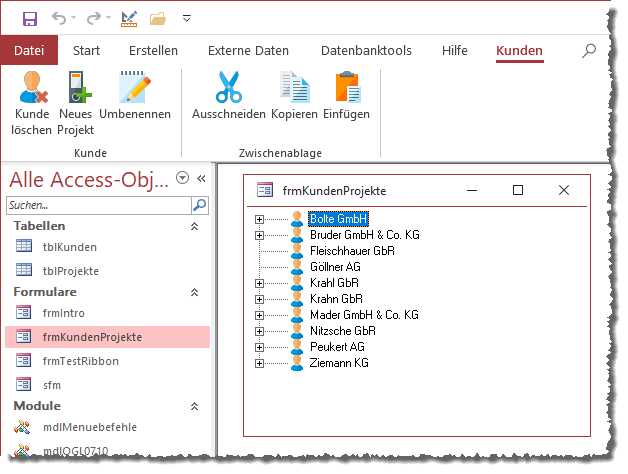 Das Ribbon zu den Kundeneinträgen im TreeView-Steuerelement