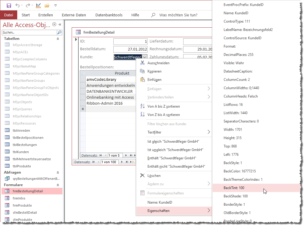 Anzeige der Eigenschaften per Kontextmenü