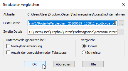 Optionen für das Vergleichen von Textdateien