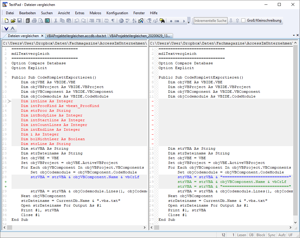 Vergleich des Inhalts zweier VBA-Projekte im Text-Editor TextPad