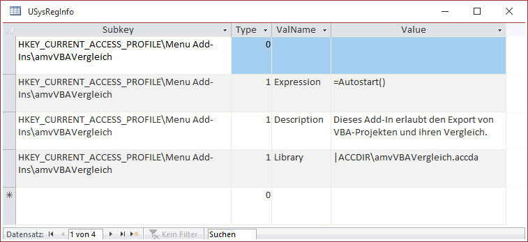 Add-In-Einstellungen in der Tabelle USysRegInfo
