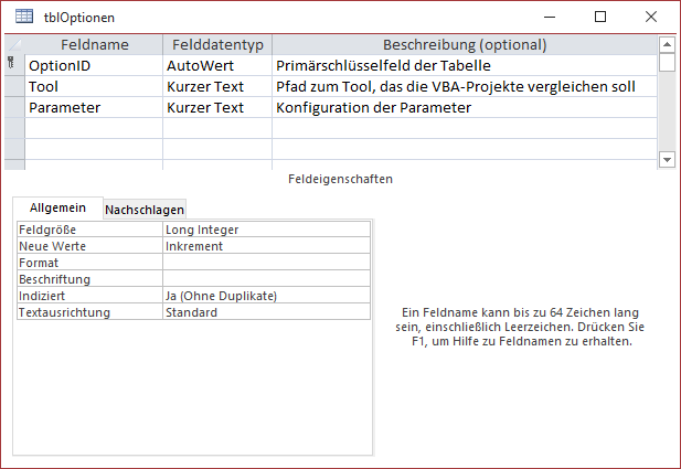 Optionen-Tabelle der Anwendung