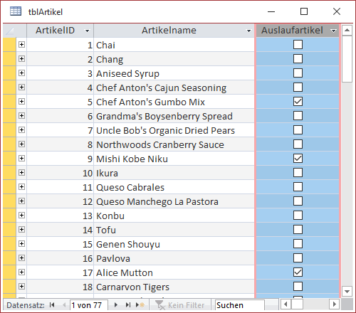 Tabelle mit Auslaufartikeln
