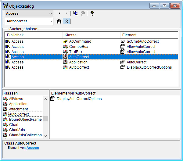 Das Autocorrect-Objekt im Objektkatalog