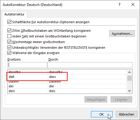Der neue Autokorrektur-Eintrag