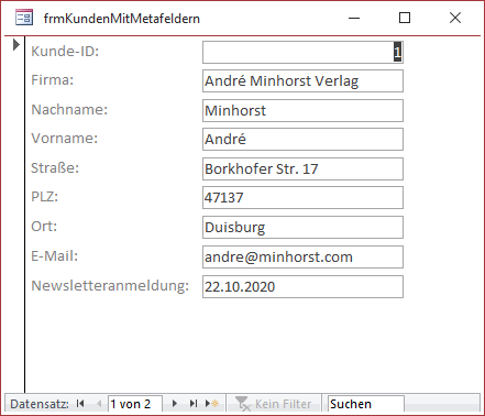 Die unteren beiden Textfelder enthalten Metadaten aus der verknüpften Tabelle tblKundenMeta.