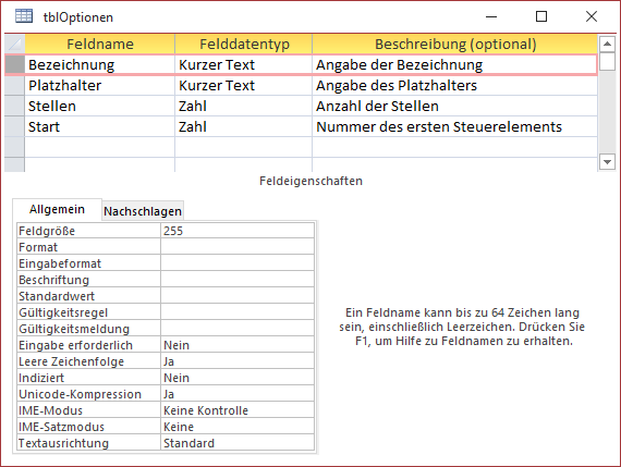 Entwurf der Tabelle zum Speichern der Add-In-Optionen