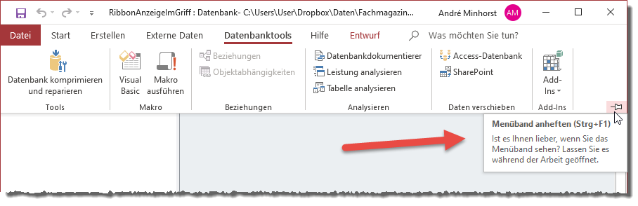 Ausgeklapptes, nicht angeheftetes Ribbon mit der Möglichkeit zum anheften