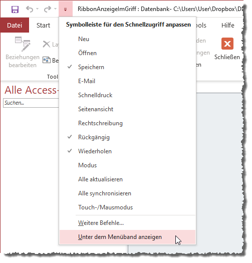 Einstellen, ob die Schnellzugriffsleiste über oder unter dem Ribbon angezeigt werden soll