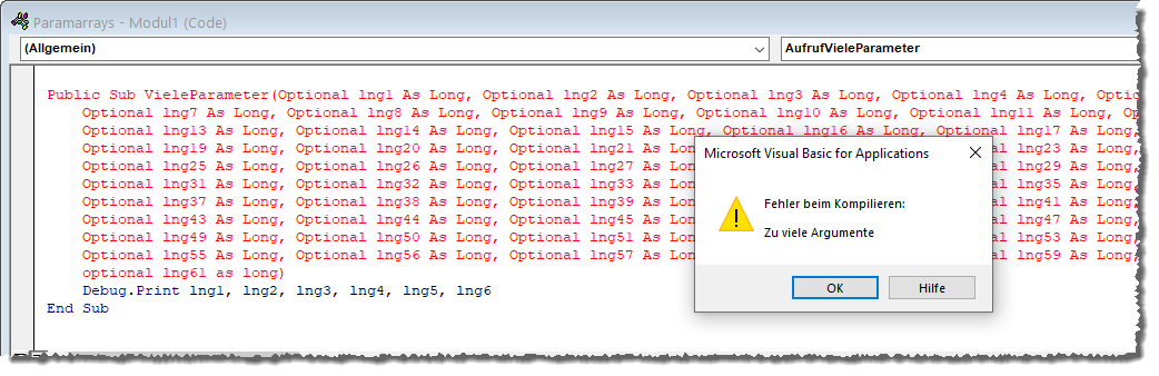 Fehlermeldung beim Hinzufügen von mehr als 60 Parametern
