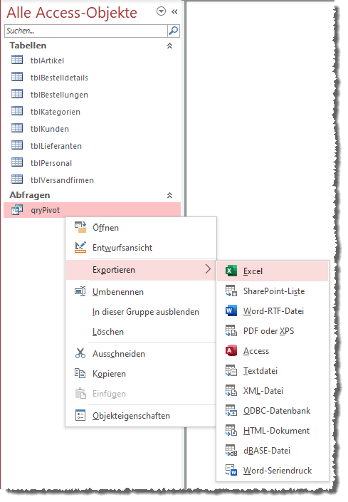 Exportieren der Daten in eine Excel-Datei