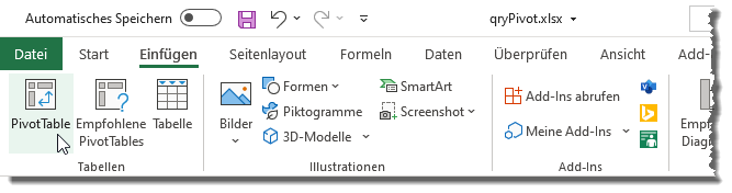 Erstellen einer Pivot-Tabelle per Ribbon-Befehl