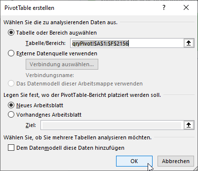 Dialog zum Erstellen einer Pivot-Tabelle