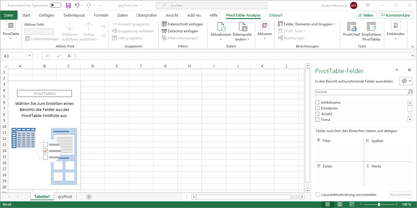 Ausgangspunkt zum Einrichten der Pivot-Tabelle