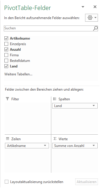 Zuordnen der Felder zu den Bereichen
