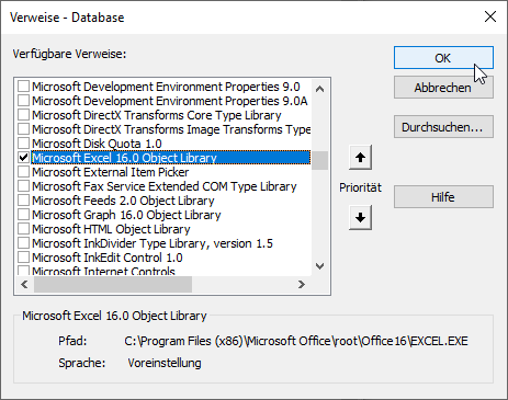 Verweis auf die Excel-Objektbibliothek