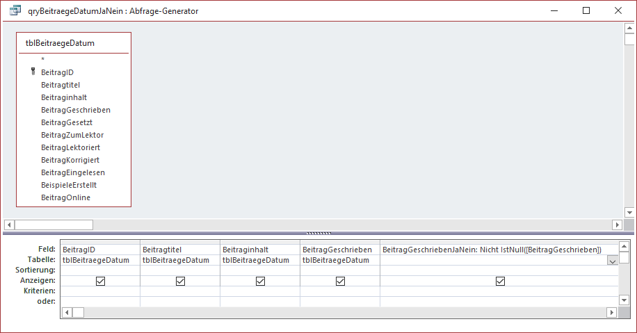 Abfrage, die sowohl das Datum/Zeit-Feld als auch ein davon abhängiges Ja/Nein-Feld liefert.