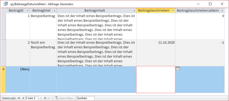 Ergebnis der Abfrage mit je einem gefüllten und einem nicht gefüllten BeitragGeschrieben-Feld