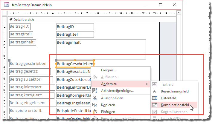 Textfelder können nicht in Kontrollkästchen umgewandelt werden