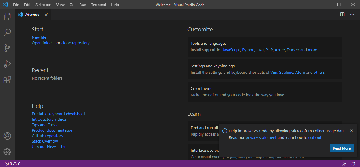 VS Code direkt nach der Installation