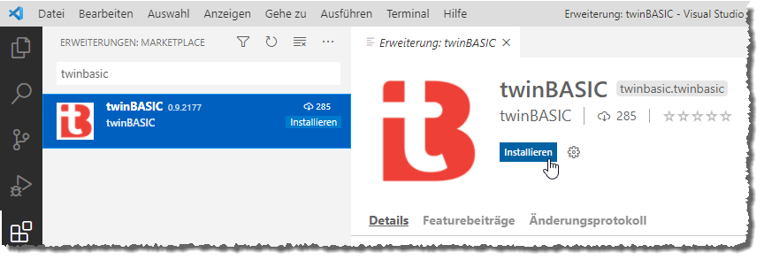 Installieren der twinBASIC-Erweiterung