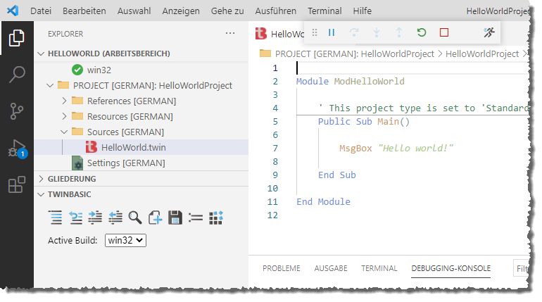 Das Hello World!-Projekt in VS Code