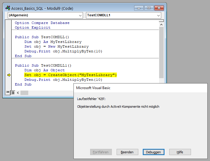 Fehler beim Versuch, die Klasse per Late Binding zu nutzen