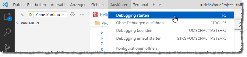 Debugging-Befehle per Menü