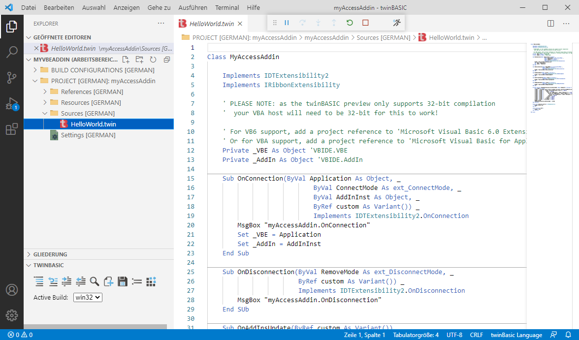 Aufbau eines Projekts für die Erstellung eines COM-Add-Ins