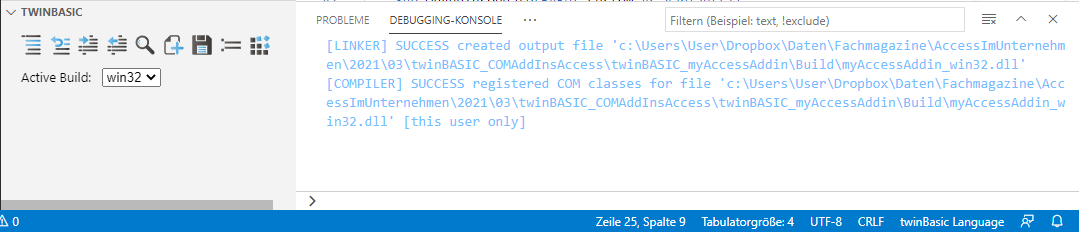 Ausgabe beim erfolgreichen Erstellen des COM-Add-Ins