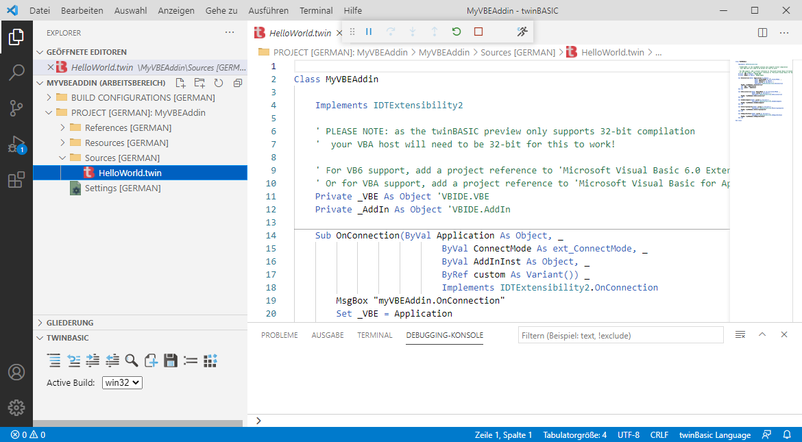 Entwicklungsumgebung mit dem Code des COM-Add-Ins für den VBA-Editor