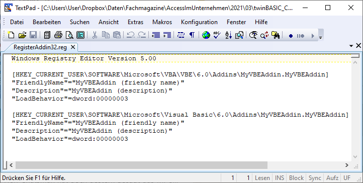 Registrierungsdatei für das COM-Add-In für den VBA-Editor