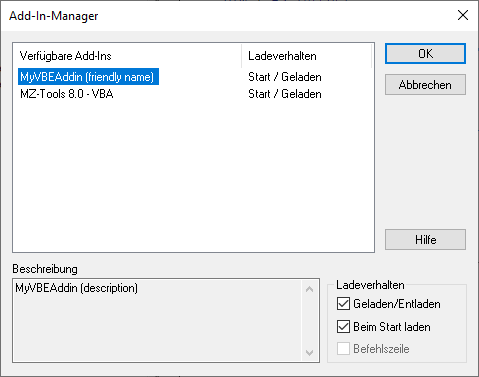 Das COM-Add-In im Add-In-Manager des VBA-Editors