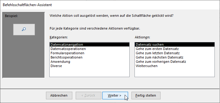 Erster Schritt des Befehlsschaltflächen-Assistenten