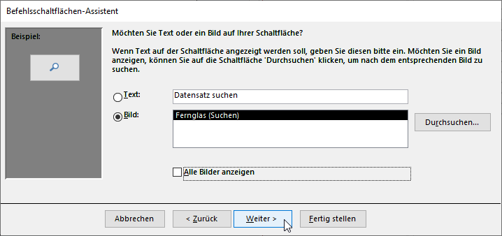 Auswahl von Text und Bild für die Schaltfläche