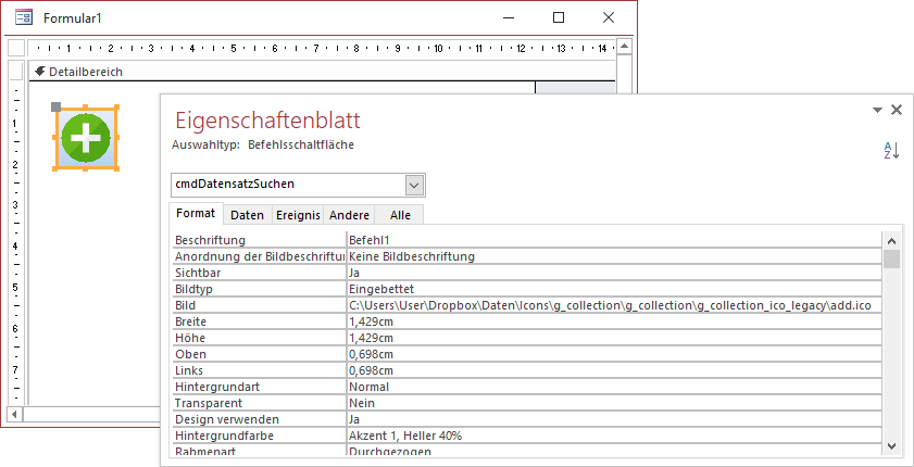 Eine per Befehlsschaltflächen-Assistent angelegte Schaltfläche