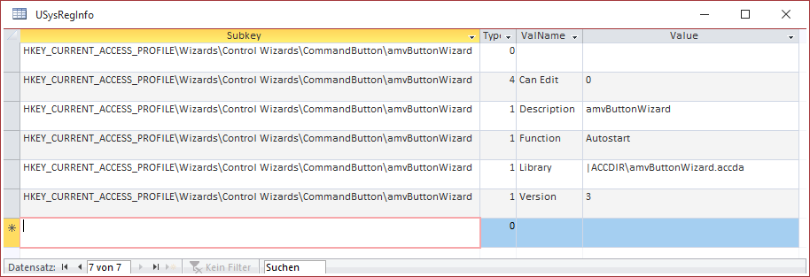 Die Tabelle USysRegInfo mit den Daten für die Registry