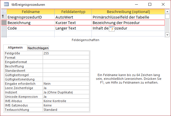 Entwurf der Tabelle zum Speichern der Prozedurinhalte