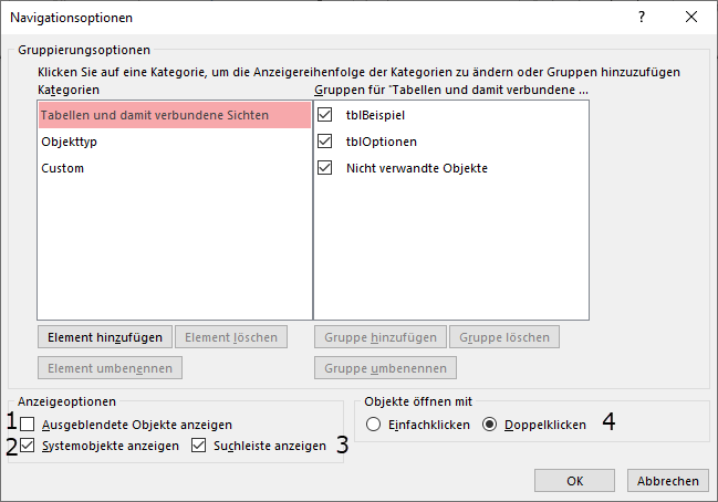 Optionen des Bereichs Navigationsoptionen