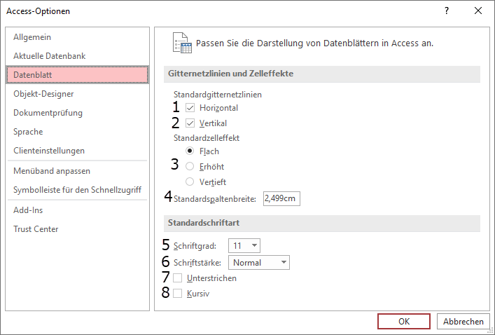Optionen des Bereichs Datenblatt