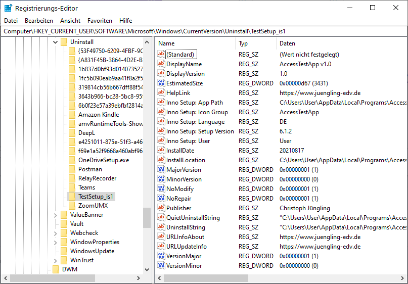 Setup-Eintrag in der Registry
