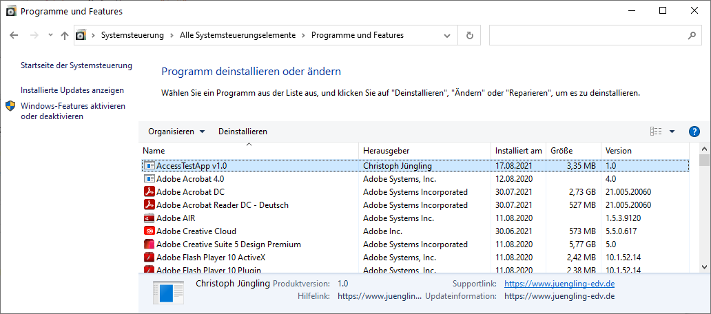 Eintrag in der Systemsteuerung