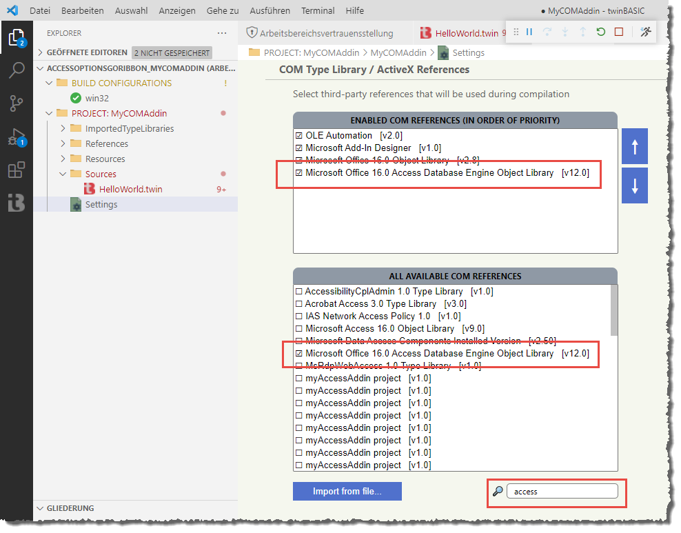 Hinzufügen eines Verweises auf die DAO-Bibliothek