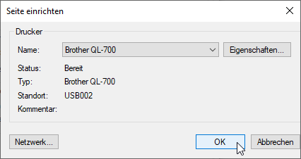 Dialog zum Auswählen des Druckers