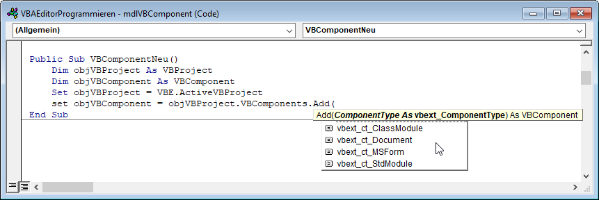 Anlegen eines neuen VBComponent-Elements