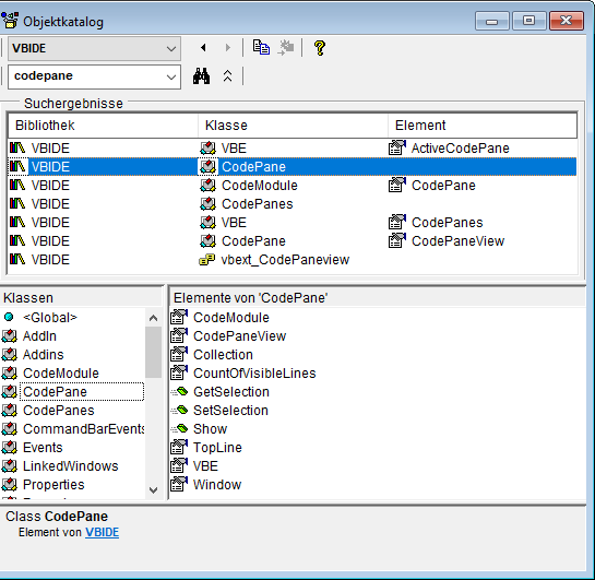 Die CodePane-Klasse im Objektkatalog