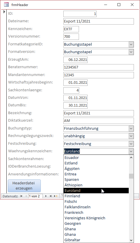 Eingabe der Headerdaten