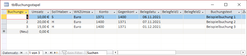 Beispieldaten in der Tabelle tblBuchungsstapel